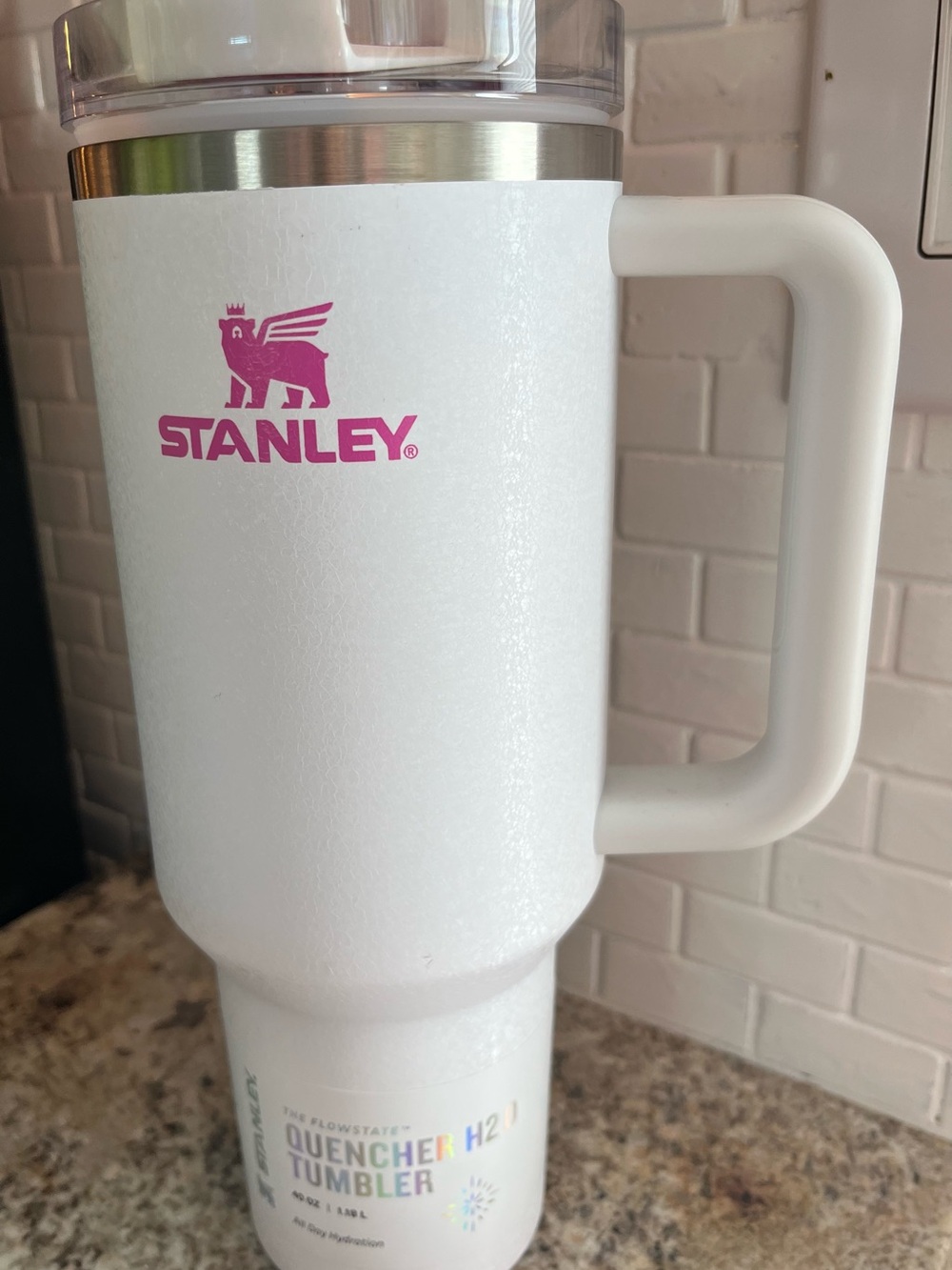 NWT Stanley White Tumbler with Pink Logo and Clear Lid